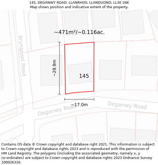 145, DEGANWY ROAD, LLANRHOS, LLANDUDNO, LL30 1NE: Plot and title map