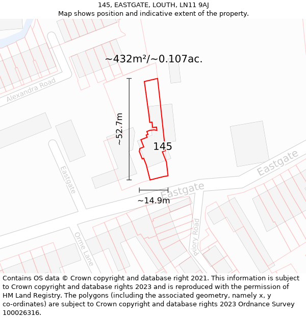 145, EASTGATE, LOUTH, LN11 9AJ: Plot and title map