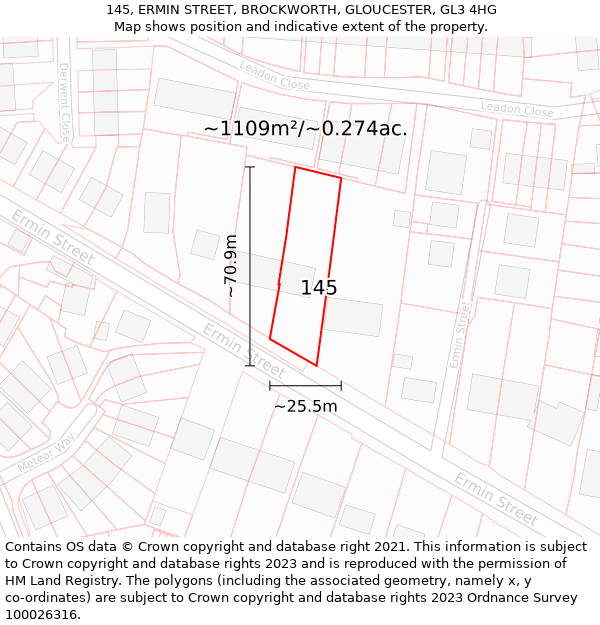 145, ERMIN STREET, BROCKWORTH, GLOUCESTER, GL3 4HG: Plot and title map