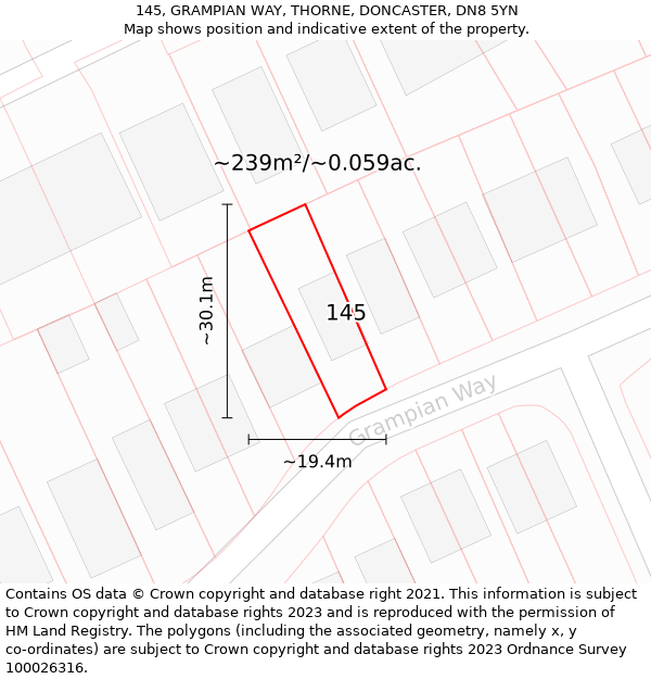 145, GRAMPIAN WAY, THORNE, DONCASTER, DN8 5YN: Plot and title map