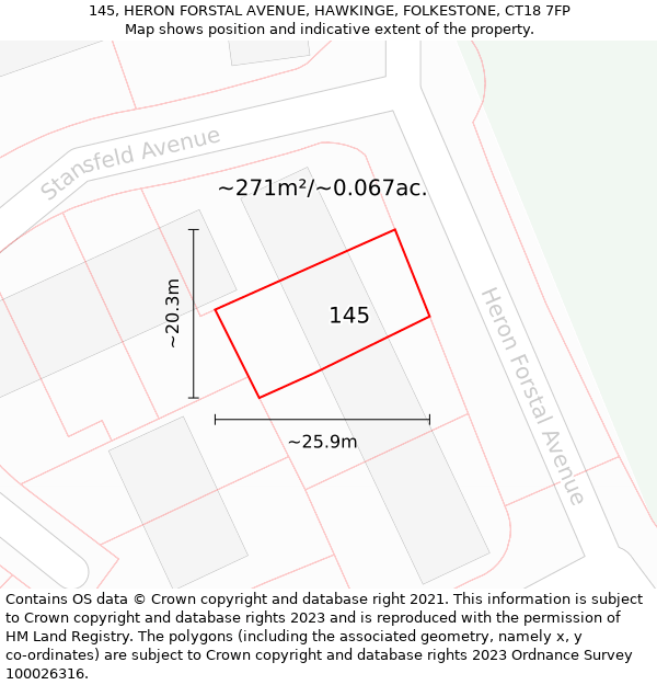 145, HERON FORSTAL AVENUE, HAWKINGE, FOLKESTONE, CT18 7FP: Plot and title map