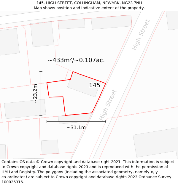 145, HIGH STREET, COLLINGHAM, NEWARK, NG23 7NH: Plot and title map