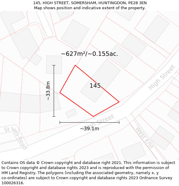 145, HIGH STREET, SOMERSHAM, HUNTINGDON, PE28 3EN: Plot and title map