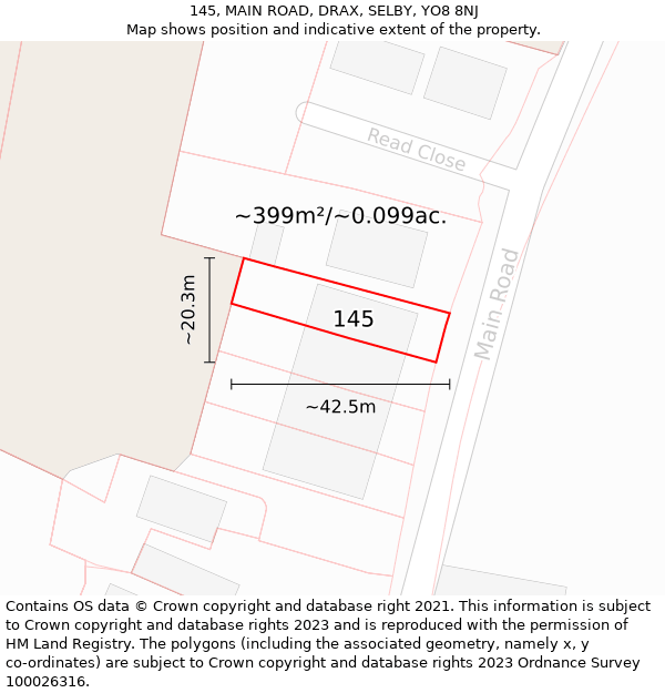 145, MAIN ROAD, DRAX, SELBY, YO8 8NJ: Plot and title map