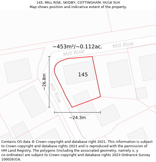 145, MILL RISE, SKIDBY, COTTINGHAM, HU16 5UA: Plot and title map