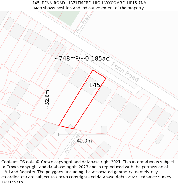 145, PENN ROAD, HAZLEMERE, HIGH WYCOMBE, HP15 7NA: Plot and title map