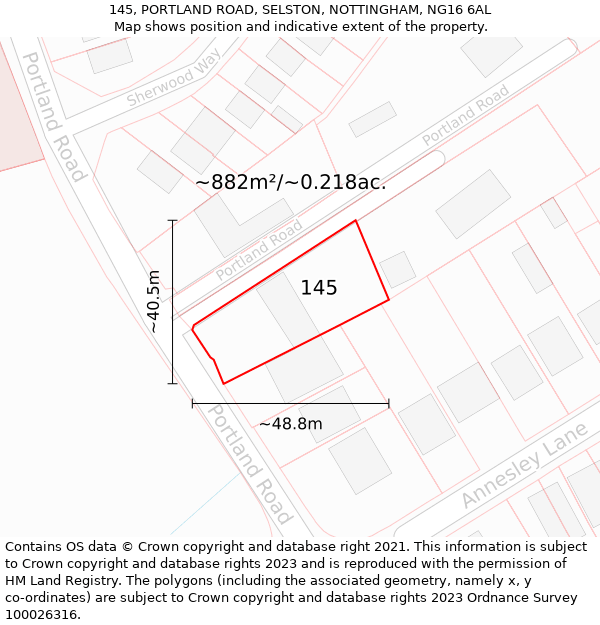 145, PORTLAND ROAD, SELSTON, NOTTINGHAM, NG16 6AL: Plot and title map