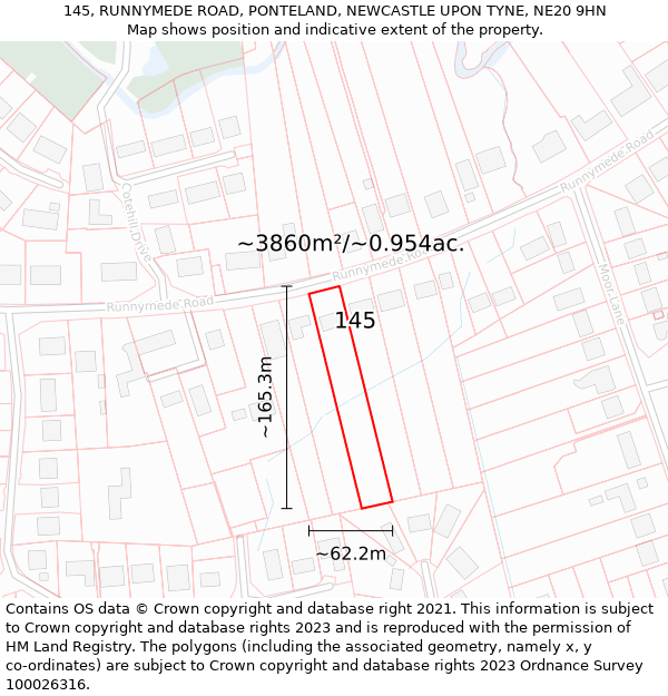 145, RUNNYMEDE ROAD, PONTELAND, NEWCASTLE UPON TYNE, NE20 9HN: Plot and title map