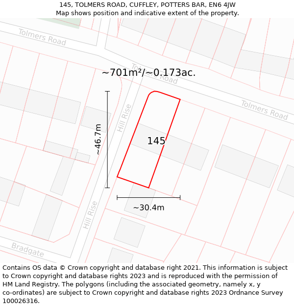 145, TOLMERS ROAD, CUFFLEY, POTTERS BAR, EN6 4JW: Plot and title map