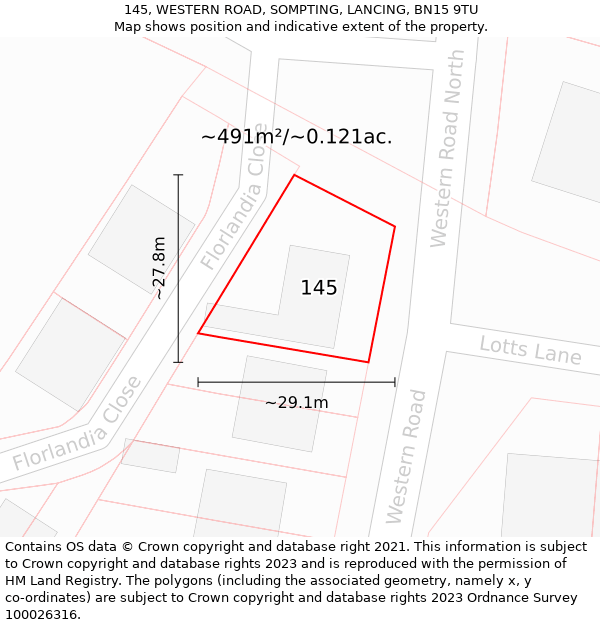 145, WESTERN ROAD, SOMPTING, LANCING, BN15 9TU: Plot and title map