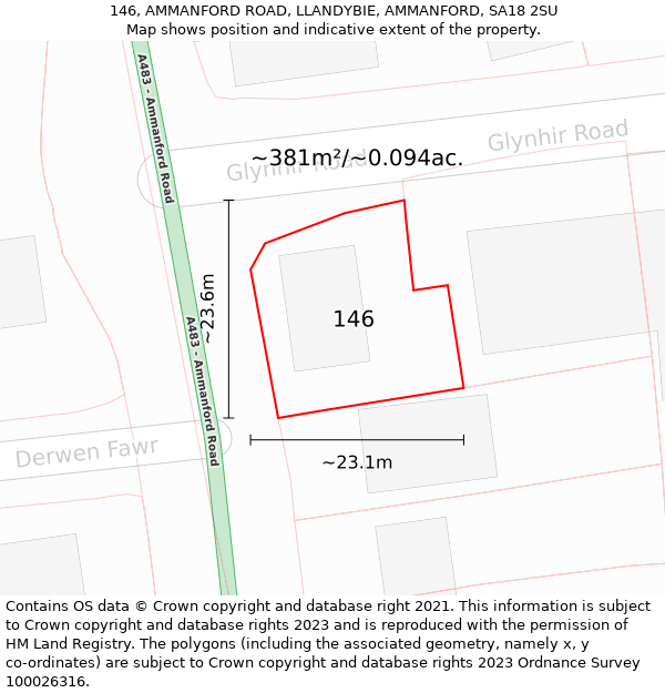 146, AMMANFORD ROAD, LLANDYBIE, AMMANFORD, SA18 2SU: Plot and title map