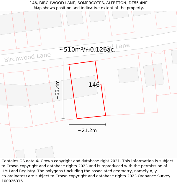 146, BIRCHWOOD LANE, SOMERCOTES, ALFRETON, DE55 4NE: Plot and title map