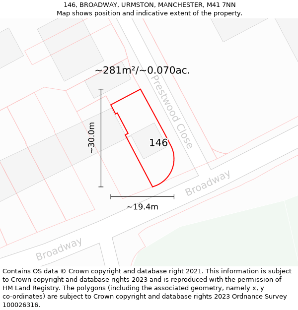 146, BROADWAY, URMSTON, MANCHESTER, M41 7NN: Plot and title map