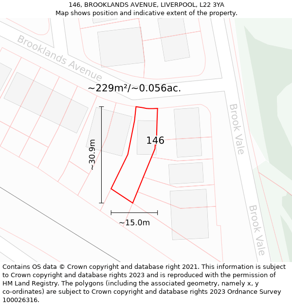 146, BROOKLANDS AVENUE, LIVERPOOL, L22 3YA: Plot and title map