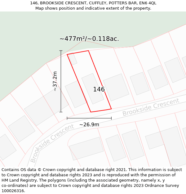 146, BROOKSIDE CRESCENT, CUFFLEY, POTTERS BAR, EN6 4QL: Plot and title map