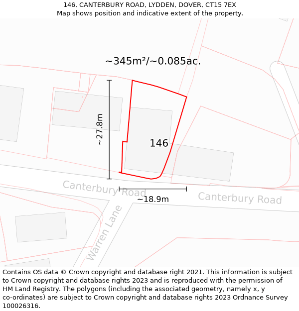 146, CANTERBURY ROAD, LYDDEN, DOVER, CT15 7EX: Plot and title map