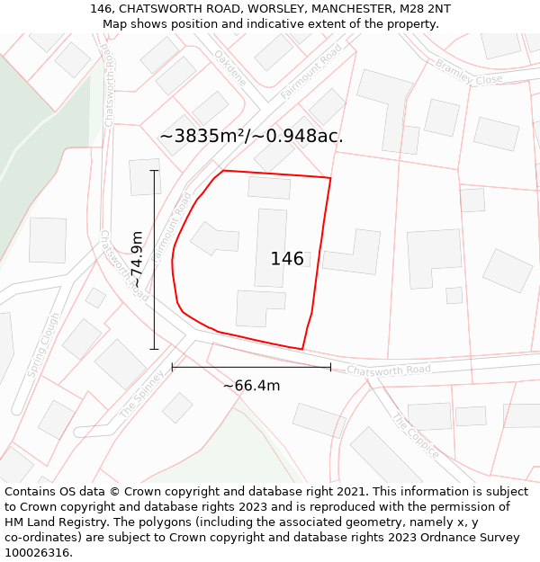 146, CHATSWORTH ROAD, WORSLEY, MANCHESTER, M28 2NT: Plot and title map