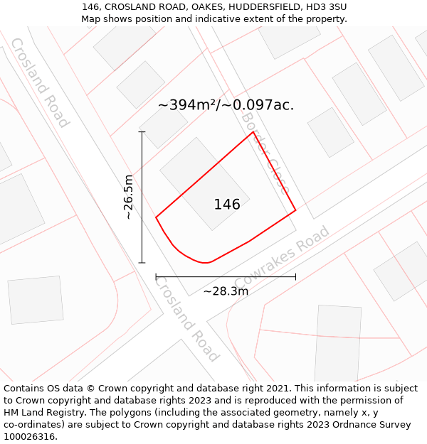 146, CROSLAND ROAD, OAKES, HUDDERSFIELD, HD3 3SU: Plot and title map