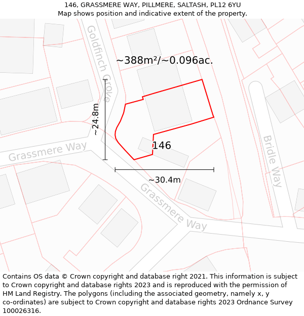 146, GRASSMERE WAY, PILLMERE, SALTASH, PL12 6YU: Plot and title map