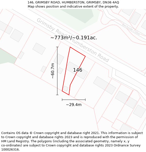 146, GRIMSBY ROAD, HUMBERSTON, GRIMSBY, DN36 4AQ: Plot and title map