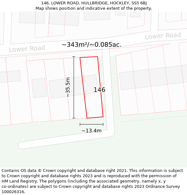 146, LOWER ROAD, HULLBRIDGE, HOCKLEY, SS5 6BJ: Plot and title map