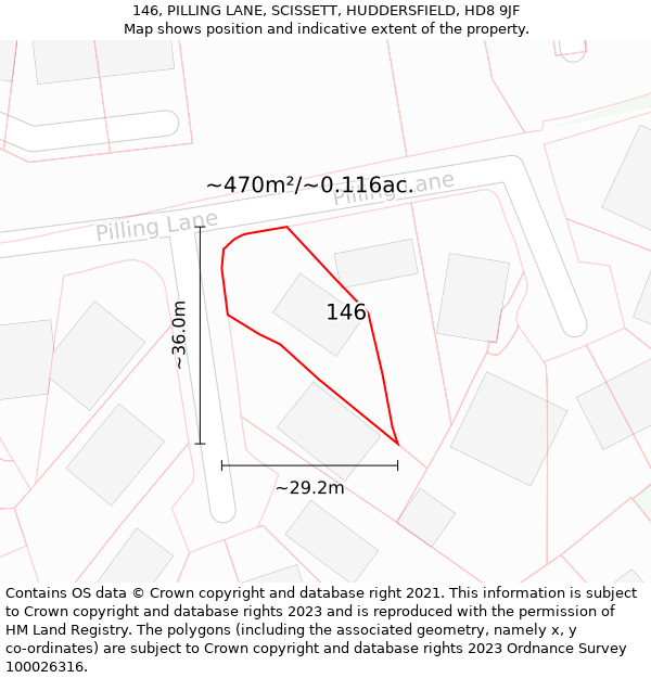 146, PILLING LANE, SCISSETT, HUDDERSFIELD, HD8 9JF: Plot and title map