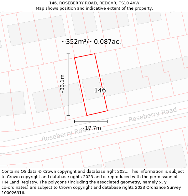 146, ROSEBERRY ROAD, REDCAR, TS10 4AW: Plot and title map