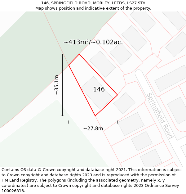 146, SPRINGFIELD ROAD, MORLEY, LEEDS, LS27 9TA: Plot and title map