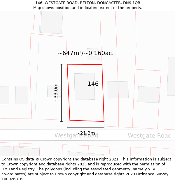 146, WESTGATE ROAD, BELTON, DONCASTER, DN9 1QB: Plot and title map