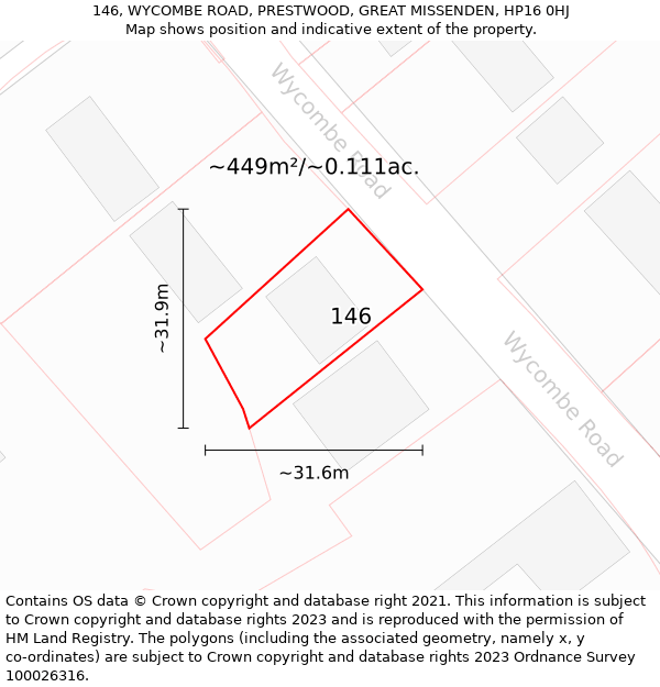 146, WYCOMBE ROAD, PRESTWOOD, GREAT MISSENDEN, HP16 0HJ: Plot and title map