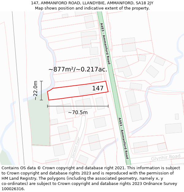 147, AMMANFORD ROAD, LLANDYBIE, AMMANFORD, SA18 2JY: Plot and title map