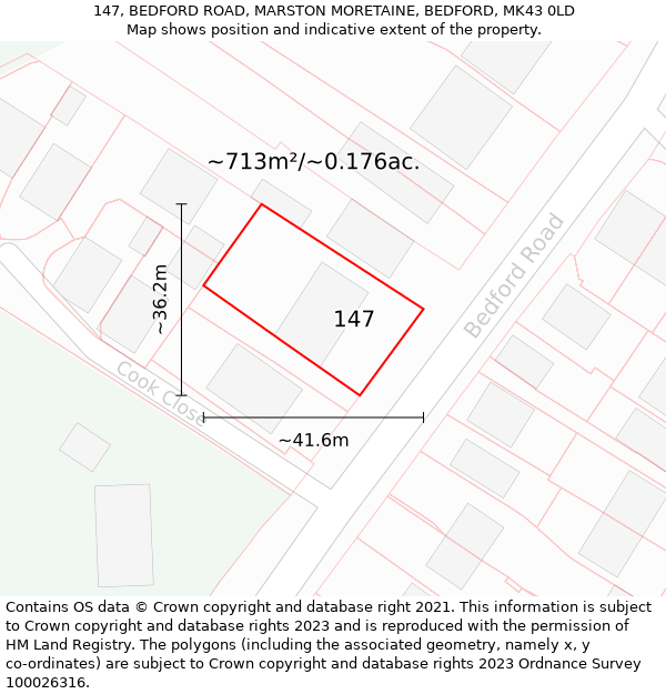 147, BEDFORD ROAD, MARSTON MORETAINE, BEDFORD, MK43 0LD: Plot and title map