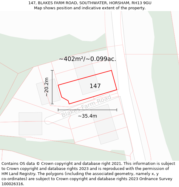 147, BLAKES FARM ROAD, SOUTHWATER, HORSHAM, RH13 9GU: Plot and title map