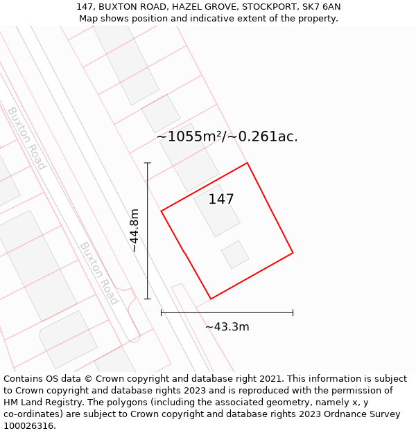 147, BUXTON ROAD, HAZEL GROVE, STOCKPORT, SK7 6AN: Plot and title map