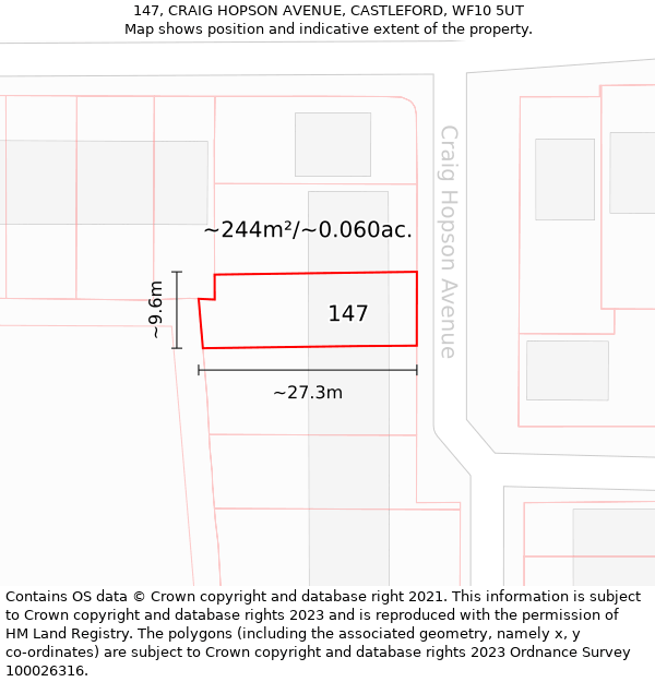 147, CRAIG HOPSON AVENUE, CASTLEFORD, WF10 5UT: Plot and title map