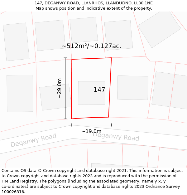 147, DEGANWY ROAD, LLANRHOS, LLANDUDNO, LL30 1NE: Plot and title map