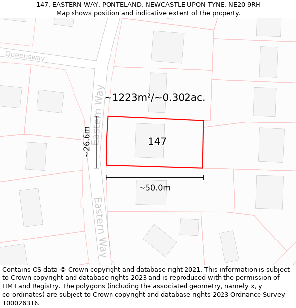 147, EASTERN WAY, PONTELAND, NEWCASTLE UPON TYNE, NE20 9RH: Plot and title map