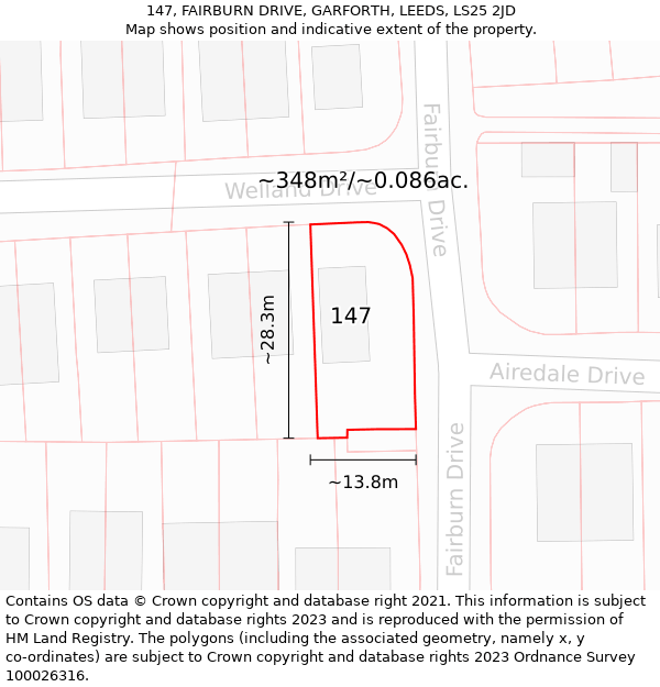 147, FAIRBURN DRIVE, GARFORTH, LEEDS, LS25 2JD: Plot and title map