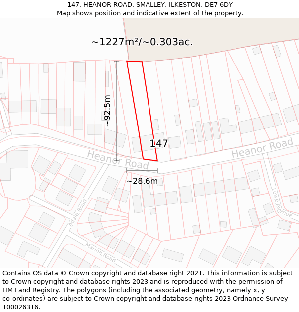 147, HEANOR ROAD, SMALLEY, ILKESTON, DE7 6DY: Plot and title map