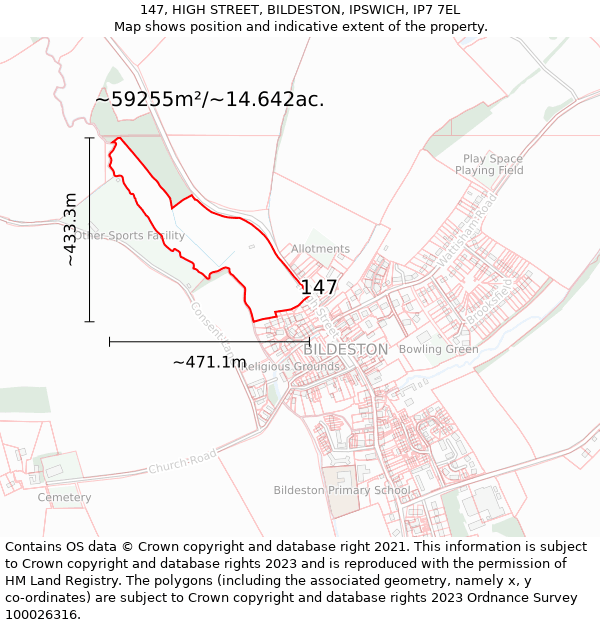 147, HIGH STREET, BILDESTON, IPSWICH, IP7 7EL: Plot and title map