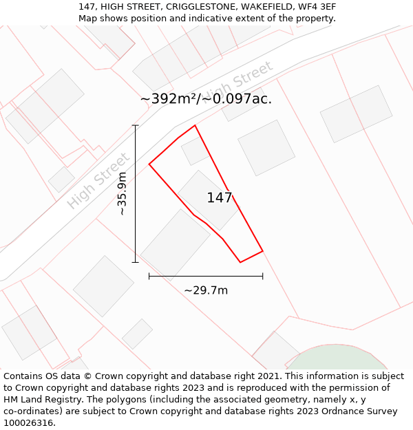 147, HIGH STREET, CRIGGLESTONE, WAKEFIELD, WF4 3EF: Plot and title map