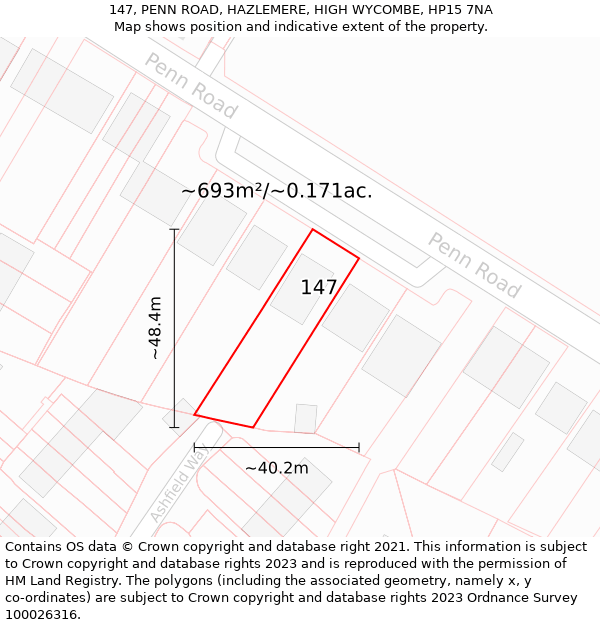 147, PENN ROAD, HAZLEMERE, HIGH WYCOMBE, HP15 7NA: Plot and title map