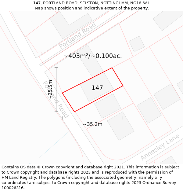 147, PORTLAND ROAD, SELSTON, NOTTINGHAM, NG16 6AL: Plot and title map