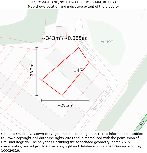 147, ROMAN LANE, SOUTHWATER, HORSHAM, RH13 9AF: Plot and title map