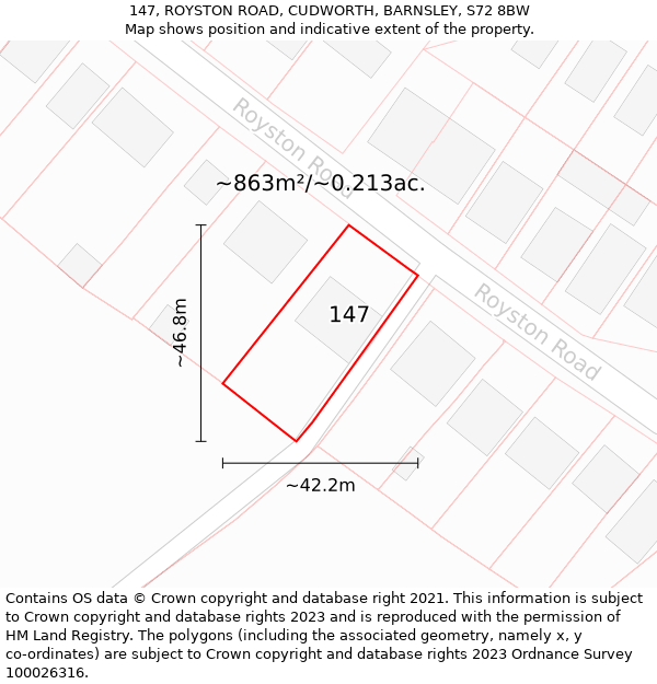 147, ROYSTON ROAD, CUDWORTH, BARNSLEY, S72 8BW: Plot and title map