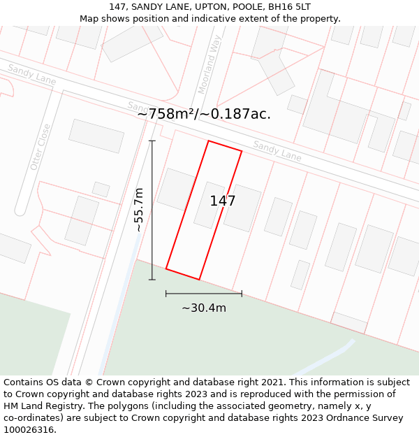 147, SANDY LANE, UPTON, POOLE, BH16 5LT: Plot and title map