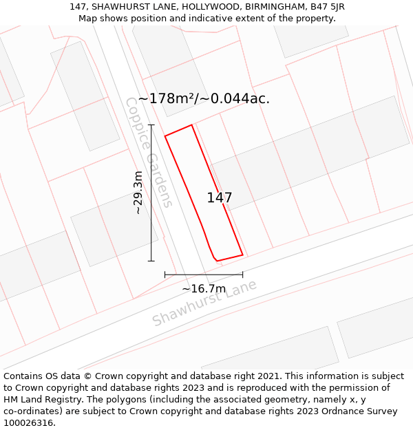 147, SHAWHURST LANE, HOLLYWOOD, BIRMINGHAM, B47 5JR: Plot and title map