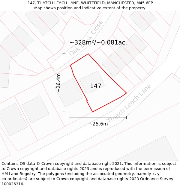 147, THATCH LEACH LANE, WHITEFIELD, MANCHESTER, M45 6EP: Plot and title map
