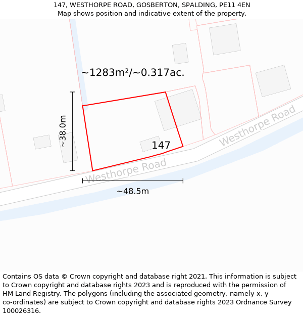 147, WESTHORPE ROAD, GOSBERTON, SPALDING, PE11 4EN: Plot and title map