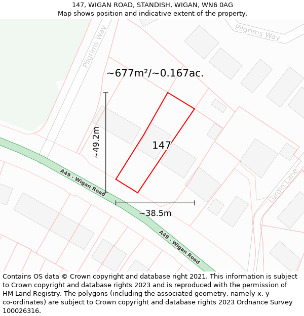 147, WIGAN ROAD, STANDISH, WIGAN, WN6 0AG: Plot and title map